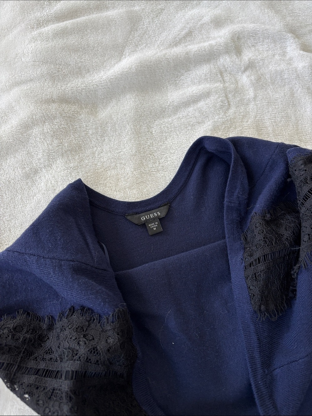 Guess Navy Long Sleeve Top with Black Lace Shoulders - Picture 3 of 7